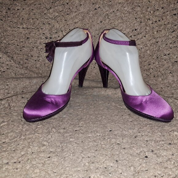 Hugo BOSS-Italy-Purple Satin/Snakeskin Leather-Ankle Wrap-Sz 37-Excellent - Picture 4 of 8